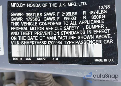 2019 Honda Civic Ex z USA, uszkodzony, nr VIN SHHFK7H68KU209964